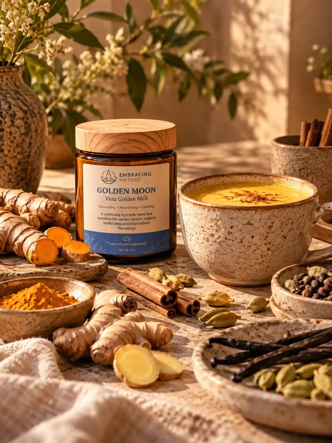 Botanical ingredients arranged for a warm daily ritual