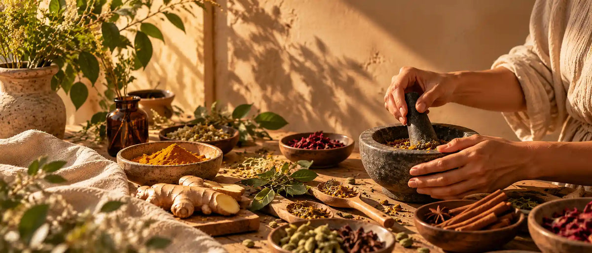 Hands preparing botanical ingredients in warm natural light