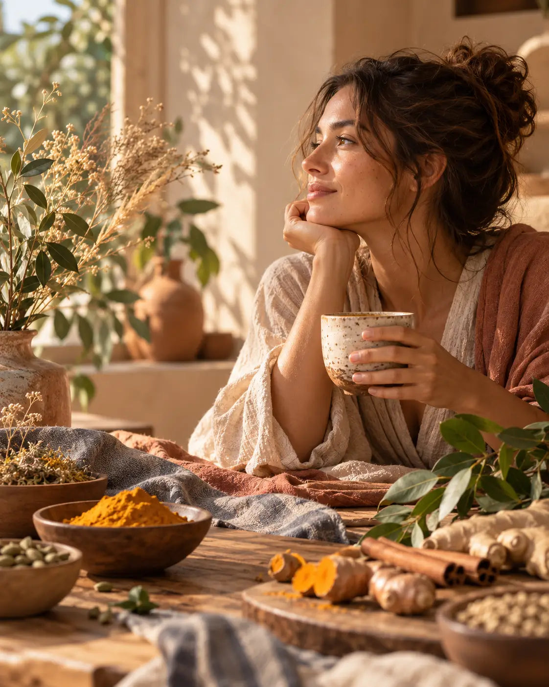A quiet chai ritual in a naturally lit botanical setting